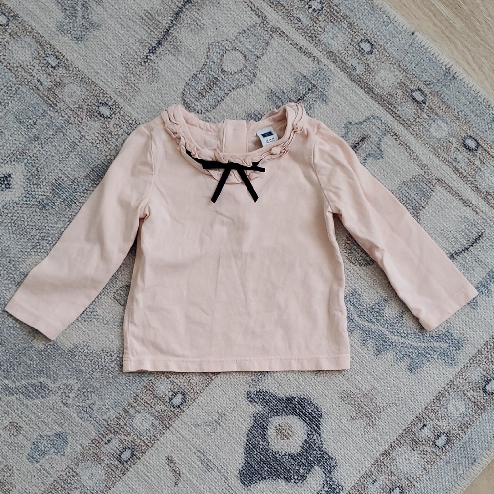 Janie and Jack Baby Girls Pink Ruffle Bow Ribbon Long Sleeve Shirt Sz12-18m